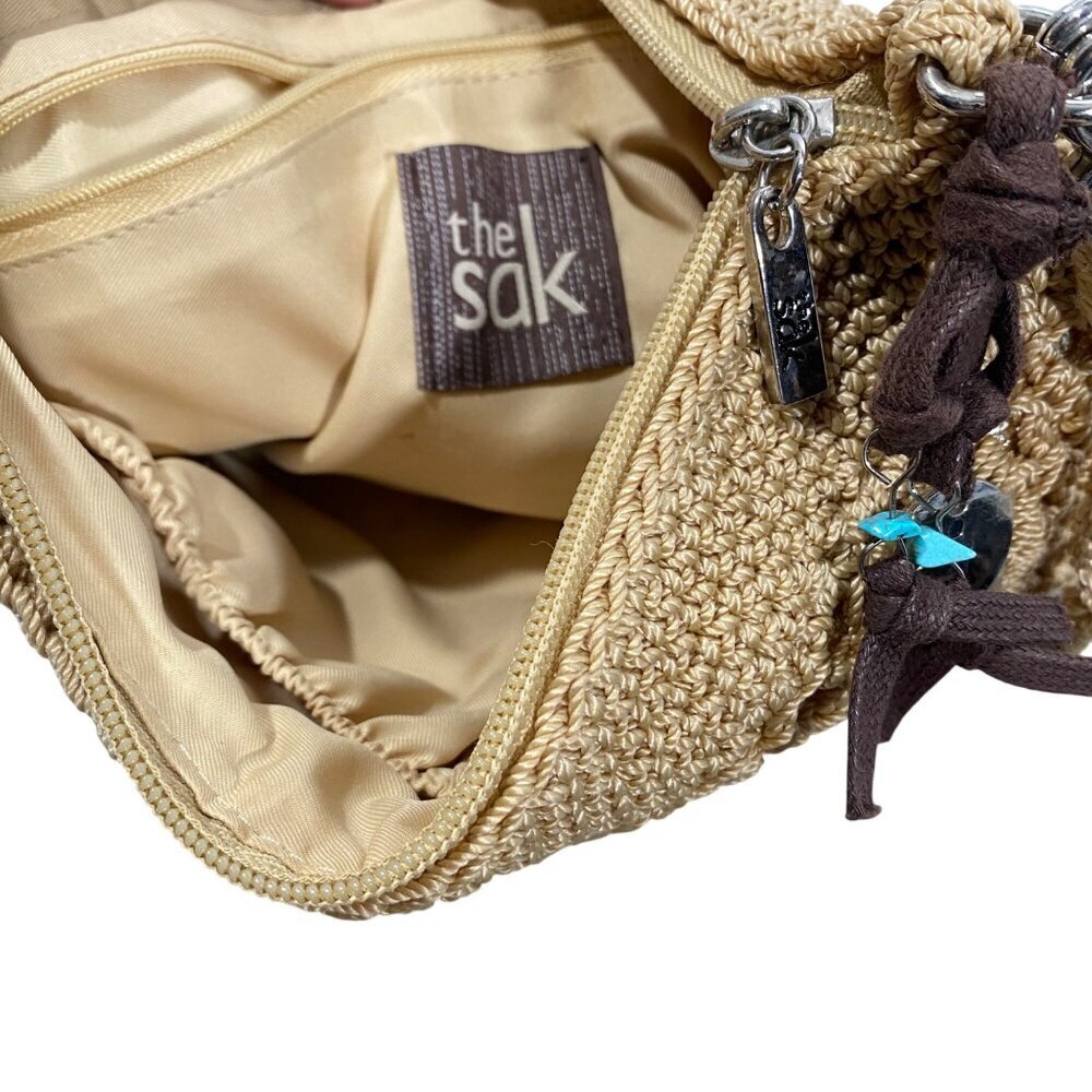 The Sak Womens Crocheted gold metallic underlay Crossbody Bag Beige beach boho - Picture 7 of 14